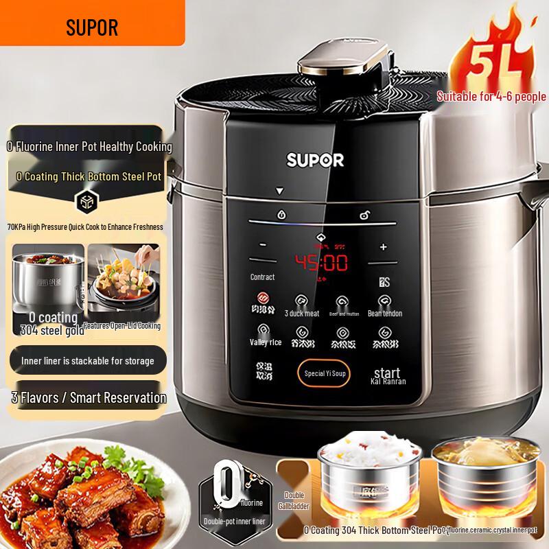 SUPOR 5L Electric Pressure Cooker with Dual 0-Coating Stainless Steel Pots