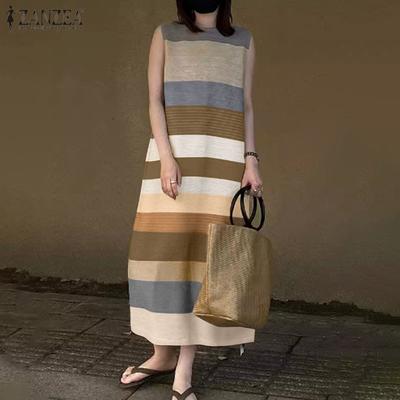 Womens Summer Round Neck Stripe Sleeveless Dress
