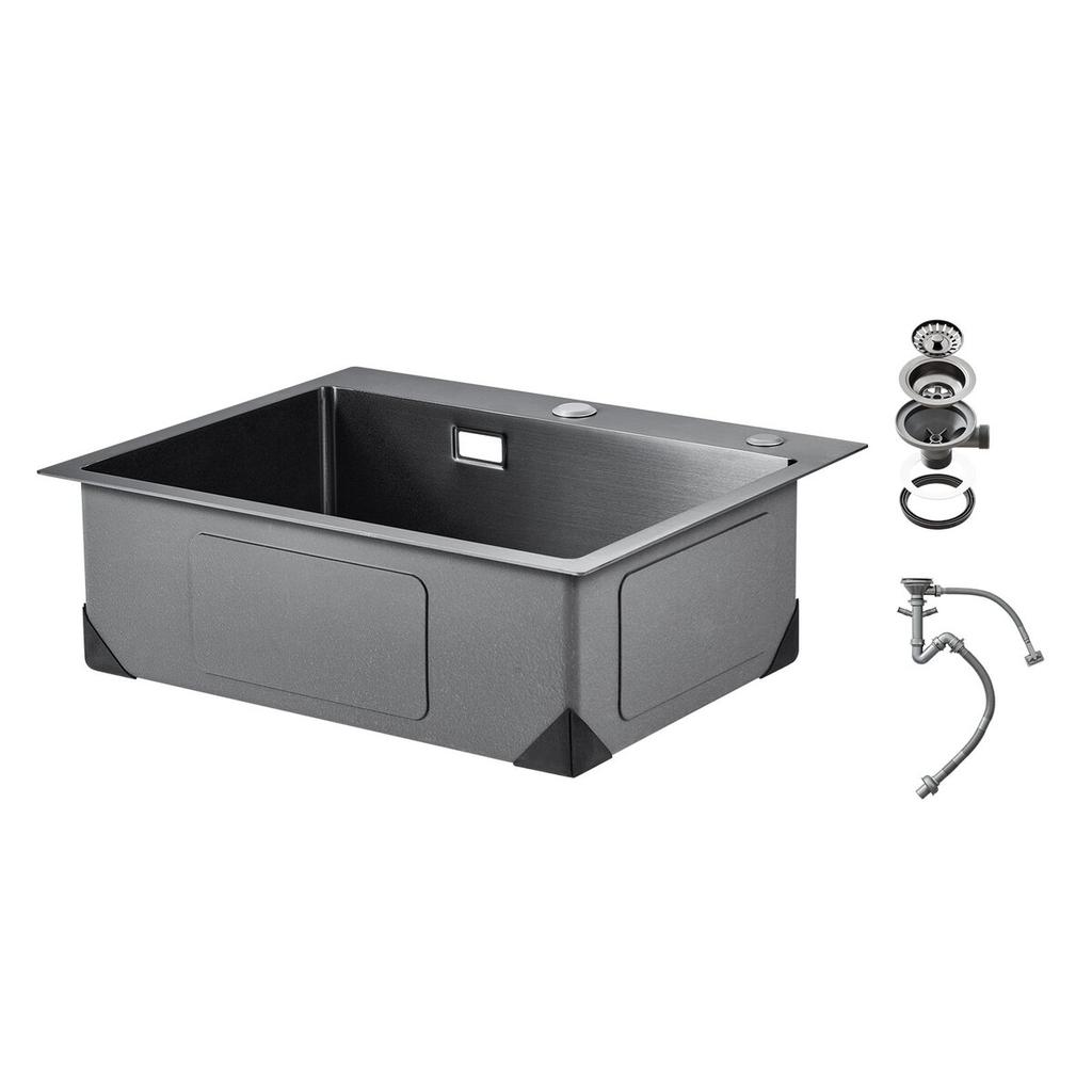 55cm Kitchen Sink Topmount Single Bowl Drop-In Basin Stainless Steel Black