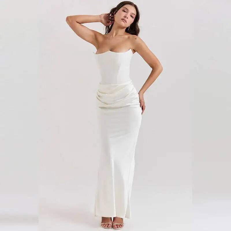 Sexy Satin Evening Club Party Dresses Women 2026 Summer Strapless Off Shoulder Fishbone Ruched Maxi Long Dress Elegant Robe