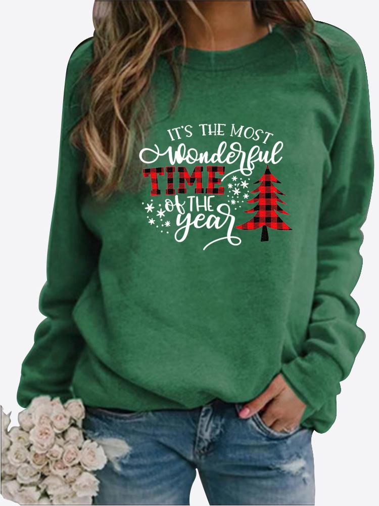 Jarní a podzimní dámský vánoční motiv Svetr s potiskem Zahuštěný kulatý výstřih s dlouhým rukávem Neformální mikina velké velikosti Top