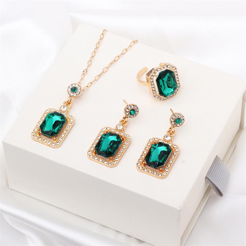 Green Color Square Crystal Stone Jewelry Set Classic Fashion Retro Earrings Necklace Bridal Birthday Girl Gift Wedding