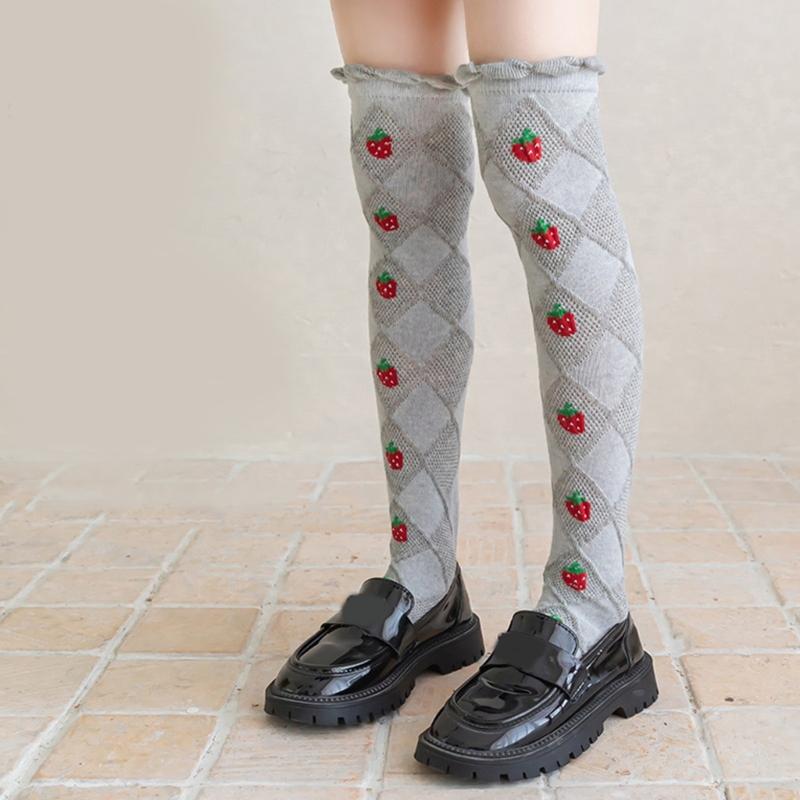 Baby Girls Long Tube Socks Spring Autumn Summer Thin Kids Strawberry Printed Socks Over Knee Length Stockings
