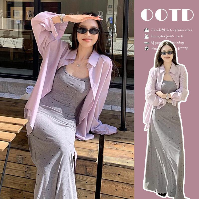 French Chic Maternity Set: Sexy Sun Protection Shirt & Polka Dot Camisole Dress - 2026 Spring/Summer Collection XL