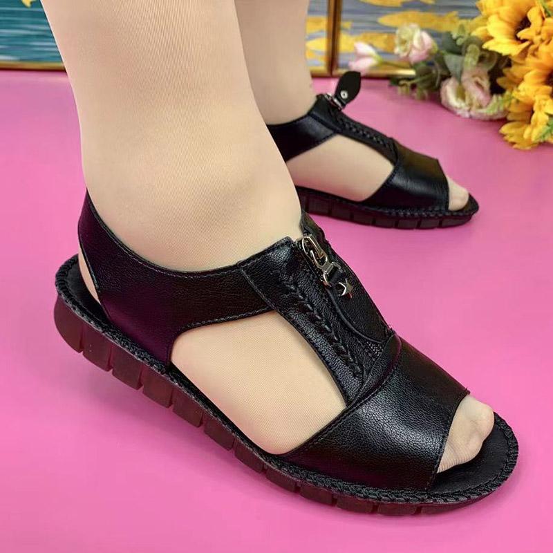 Mode Damen Sandalen Weiche PU Leder Sandalen Sommerschuhe für Damen Elegant Reißverschluss Flache Sandalias Mujer Rutschfestes Sommer-Schuhwerk Damen
