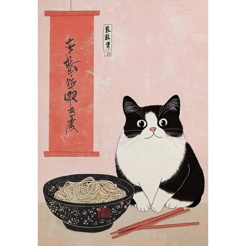 Cute Japanese Black Cat Wall Art,Vintage Ukiyoe Food Noodle Sushi Kitty Canvas Prints,Kitchen Bedroom Home Decor Cat Lover Gifts