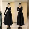 Hepburn Style Black Waist Temperament Long-sleeved Dress Women's Autumn New French Slim Medium and Long Skirt