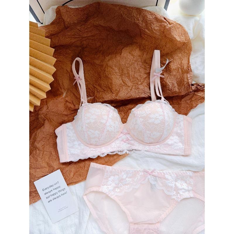 Ensemble Lingerie Dentelle Rose Française Sexy pour Femmes Soutien-gorge Push-Up Sans Armature Ajoute 2 Bonnets Soutien-gorge Push-Up Petit Buste Rassemblement Relevage Double Soutien