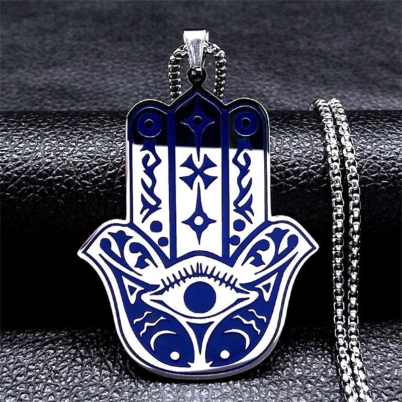 Collier Main de Fatima Hamsa pour Femmes Hommes Acier Inoxydable Couleur Bleue Œil de Turquie Poisson Grand Pendentif Collier Bijoux collier