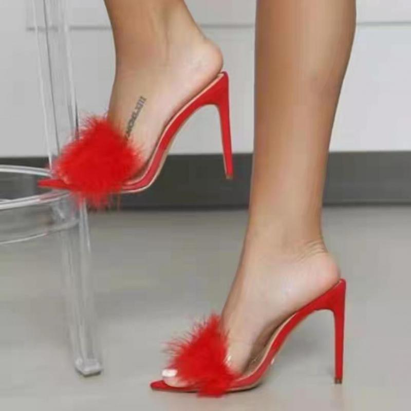 Fashion Sexy High Heels Women 39 Slippers Fashio Fur Stiletto Peep Toe Mules Ladies Slides Shoes Pointed Sandals Womens Sandalias
