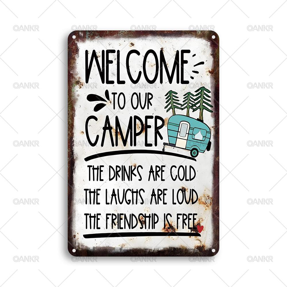 

Vintage Camping Poster Metal Tin Sign Welcome To Our Camper Vintage Decoration Metal Signs for Garden RV Art Decor 20x30cm