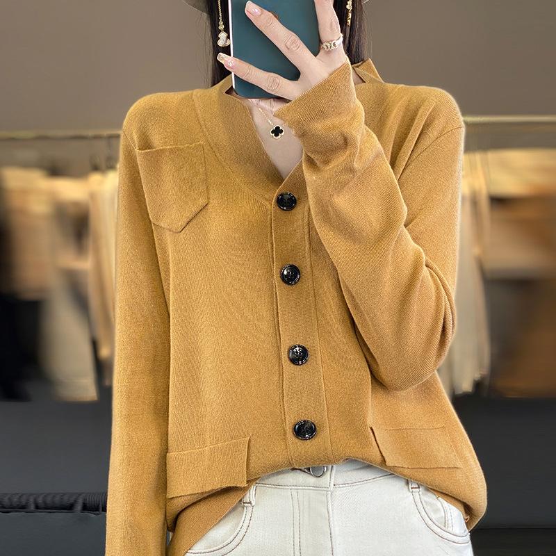 Spring and Autumn with Pockets Knitted Cardigan Women's Jacket Solid Color Loose Thin Outwear Top Long-sleeved Knitwear