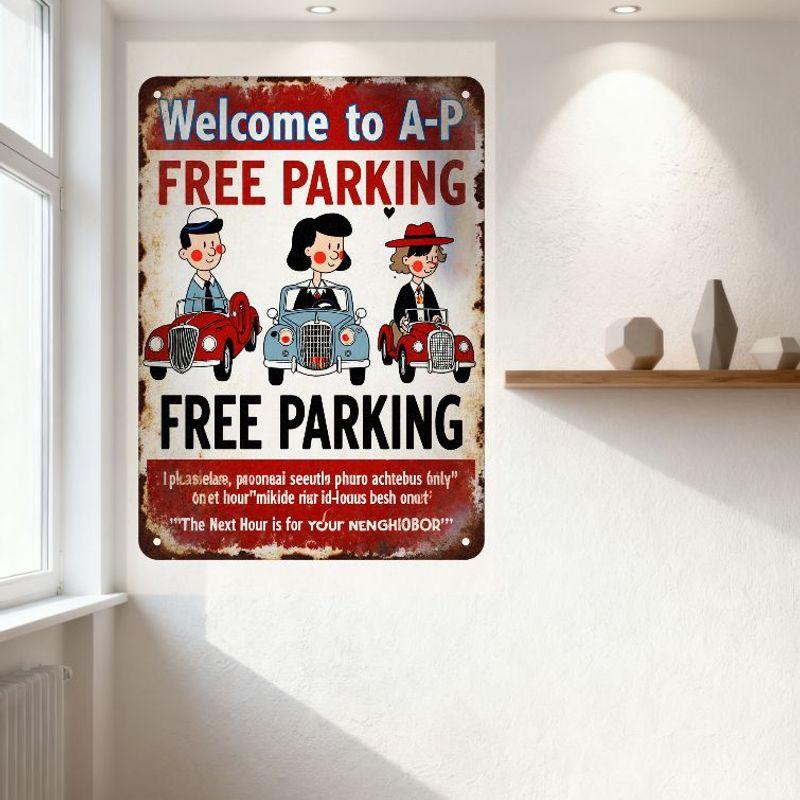 Vintage Rustic Metal Tin Sign Free Parking with Cartoon Characters Retro Whimsical Art Home Decor for Bar Cafe Club Man Cave
