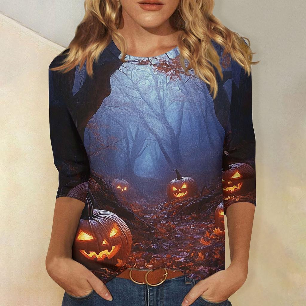Women's Fashion Casual Three-quarter Sleeve Halloween Printed Round Neck Top