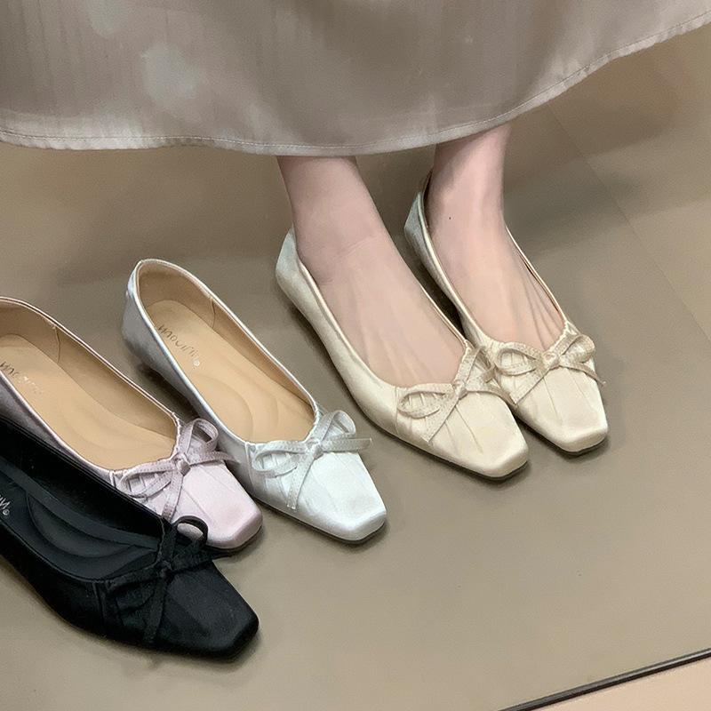 Suding Home! French Satin Square Head Bow Mary Jane Shoes 2025 New Satin Pleated Light Mouth Single Shoes