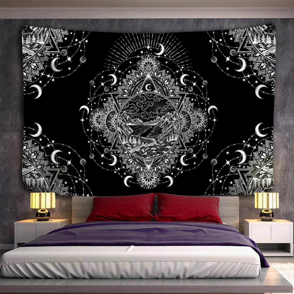 VIKAMA Black and White Sun and Moon Tapestry Mysterious Mandala Wall Hanging Meditation Room psychedelic Witchcraft Decoration