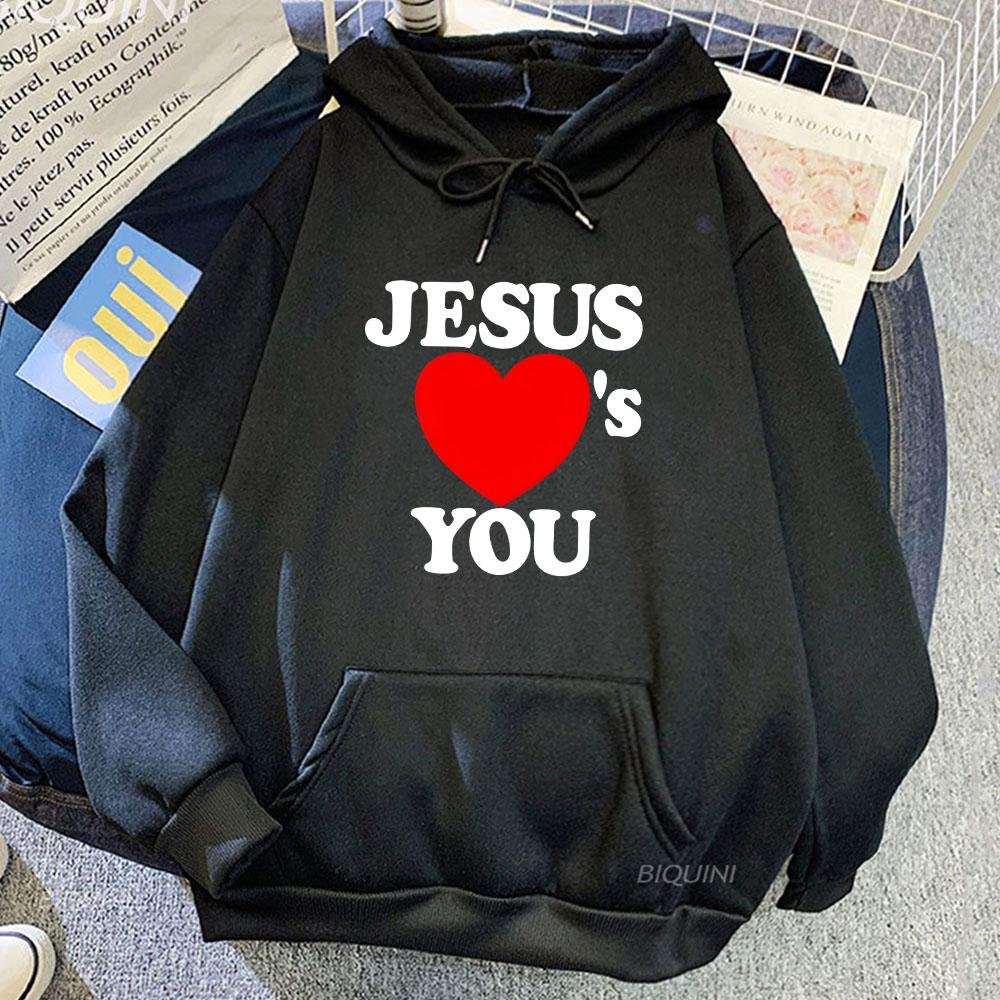 Chrześcijańskie Bluzy z Wersetami Biblijnymi Kocham Cię Jezu Czerwone Serce Nadruk Graficzny Bluzy Streetwear z Długim Rękawem Zimowe Pulowery