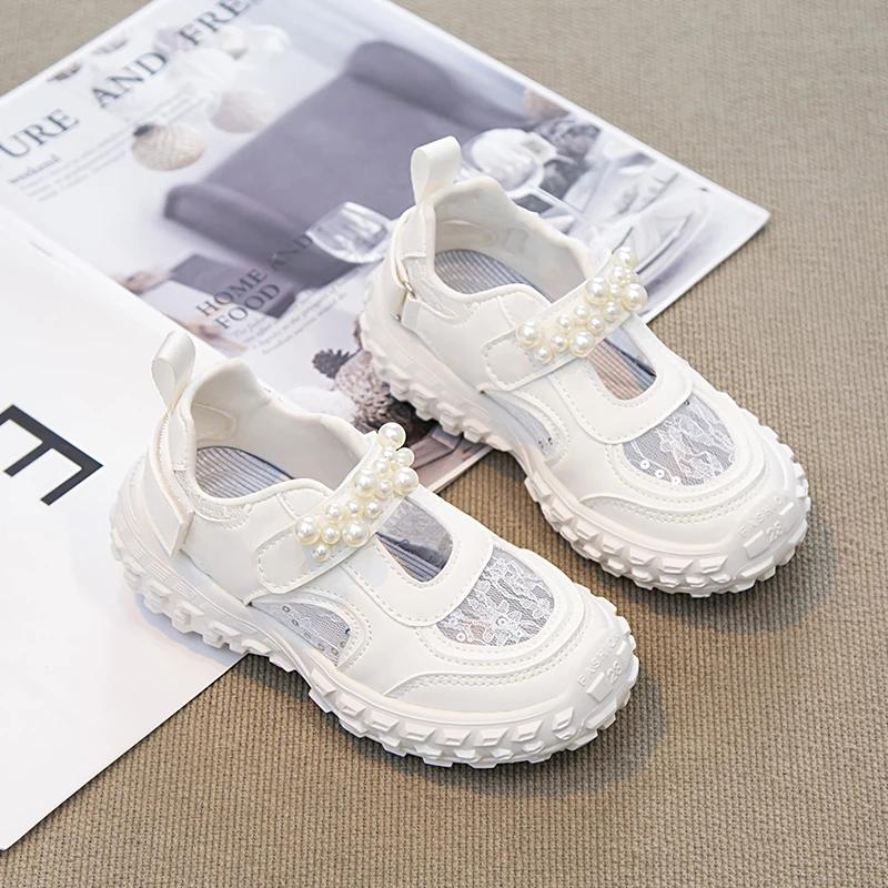 Kids Casual Shoes 2024 Spring Summer Air Mesh Breathable Girls Sneakers with Pearls Beading Bright Skin Shiny Children Shoes New