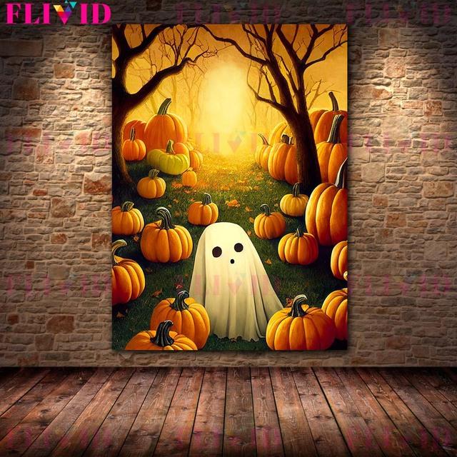 Halloween Dynia Sztuka Wydruk Szkielet Potwór i Duch Ścienny Sztuka Olejna Obraz Gotycki Ciemny Pogański Plakat