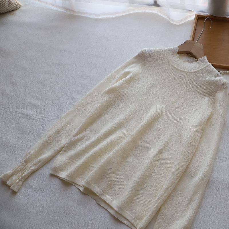 

[Bi Zheng] 2024 Winter Korean Style Lace Semi-High Neck Versatile Knitted Shirt for Women One Size