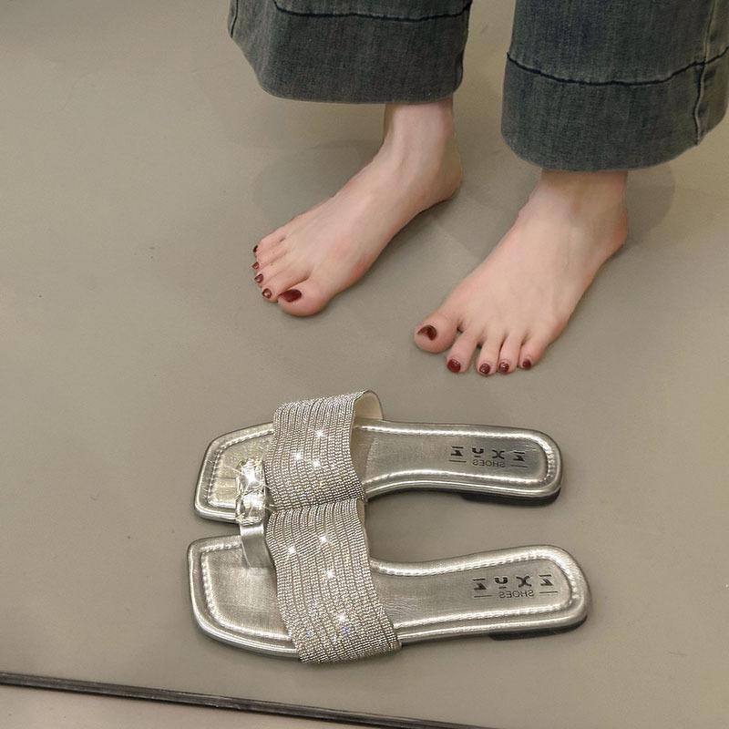 

Лето 2025 новые туфли-лодочки на высоком каблуке со стразами, сандалии на тонком каблуке, женские секси шлепанцы с квадратным носком 40 серебряный