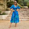 LYRIA Fashionable V-neck Printed Waist-cinching Dress Bohemian Style Short-sleeved Ankle-length Dress