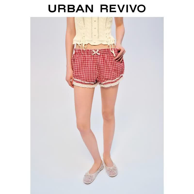 UR2026 Retro Plaid High-Waist Shorts with Lace Trim S