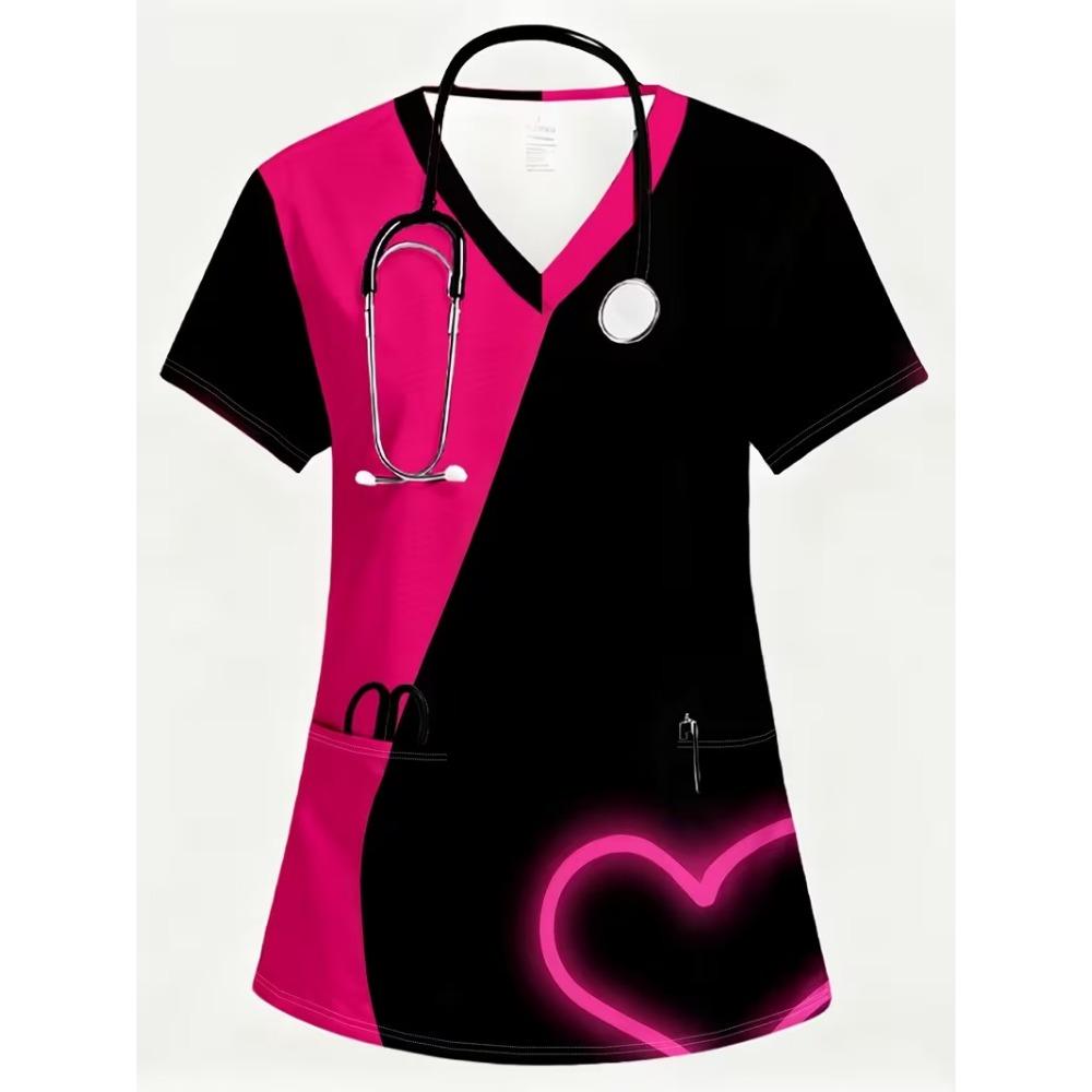 Sommer-Kurzarm-T-Shirt Medizinischer Anzug Damen Modebedrucktes Lässiges V-Ausschnitt-Kurzarm-Chirurgie-Anzug mit Taschen