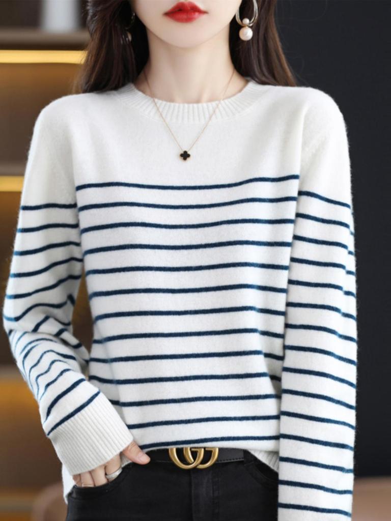 Women's Wool Round Neck Sweater - Autumn/Winter Striped Loose Knit Base Layer
