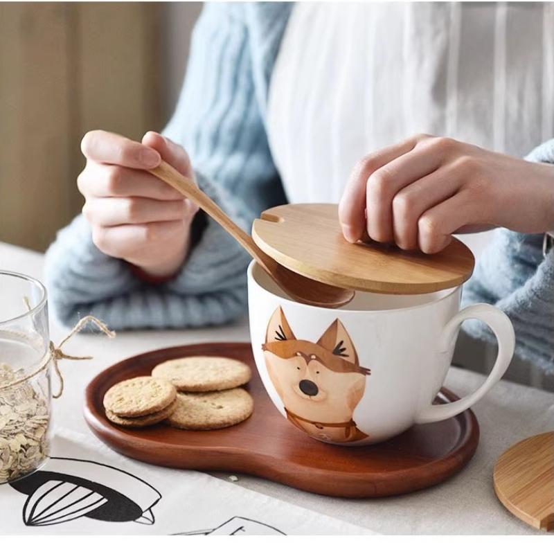 600ml Velkokapacitní keramický hrnek slon s víčkem a lžičkou – Roztomilý zvířecí design Snídaňová miska, Miska na ovesnou kaši, Šálek na kávu