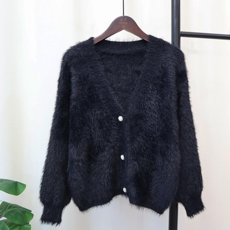 Solid color imitation mink velvet knitted cardigan autumn and winter new loose soft waxy high-end sweater jacket women