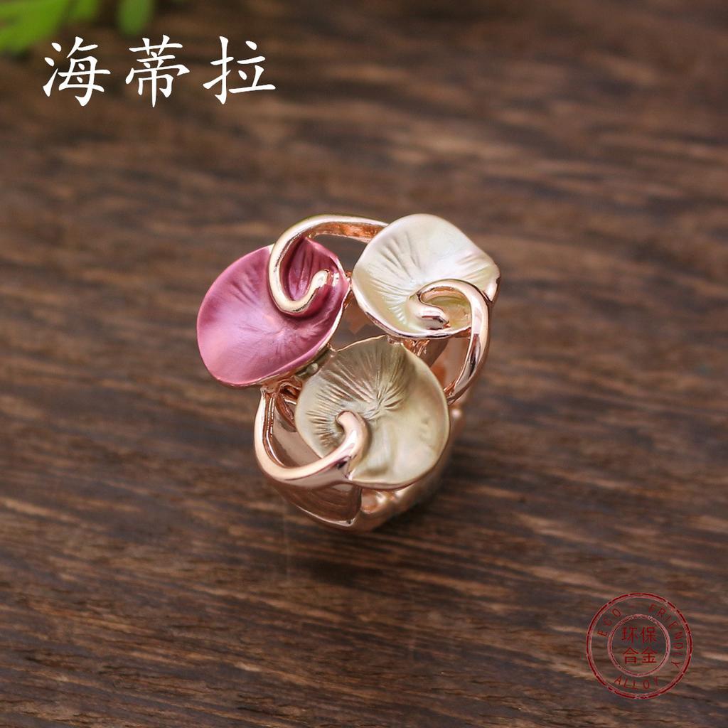 Color Painting Oil Petal Elastic Ring Fashion Premium Ladies Versatile Flower Alloy Diamond