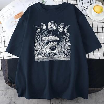 Unisex T-Shirt Süßes Cottagecore Ästhetik Frosch Pilz Mond Hexerei Kleidung Vintage Lässiges Baumwoll T-Shirt Kreatives Unisex Top