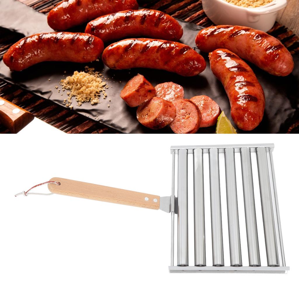 Detachable Stainless Steel Hot Dog Sau Roller Rack Stmer With Extra   Wood Handle 4 Skewers 6 Stick Design BBQ Tools