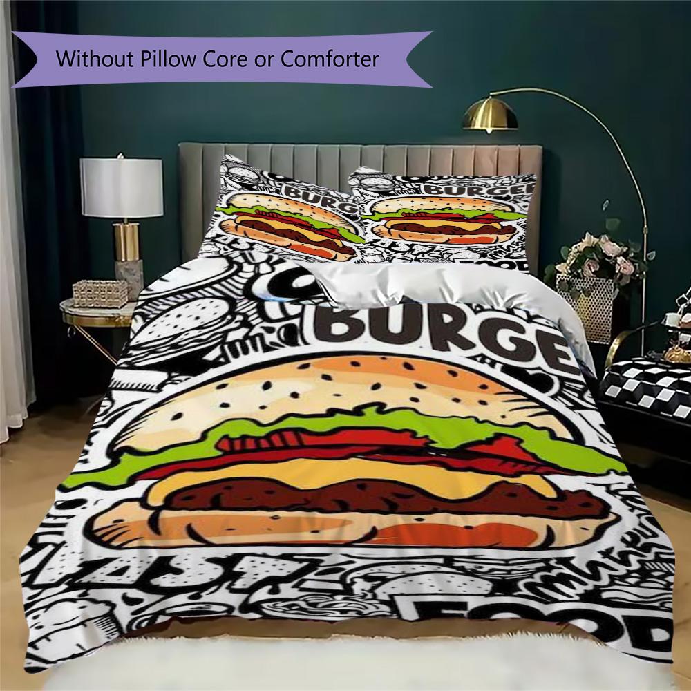 Mixed-Color Comic Burger Pattern Bedding,Quilt Set Quilt Cover Pillowcase Home Birthday Gift (1*duvet cover+2*pillowcase,without core)ZSJT0917363