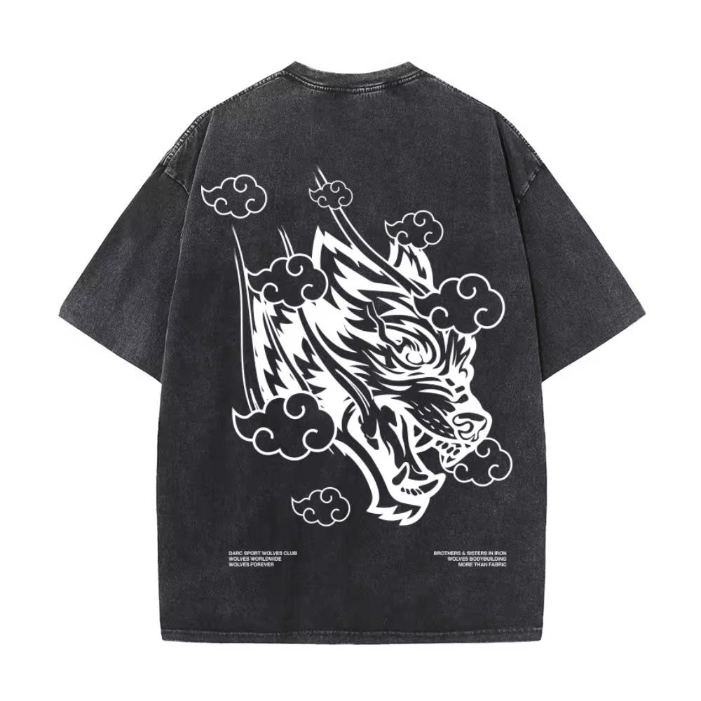 

Распродажа в спортзале Футболка с графикой волка Мужская Женская Винтажная выстиранная футболка с коротким рукавом Мужская футболка оверсайз Уличная одежда M