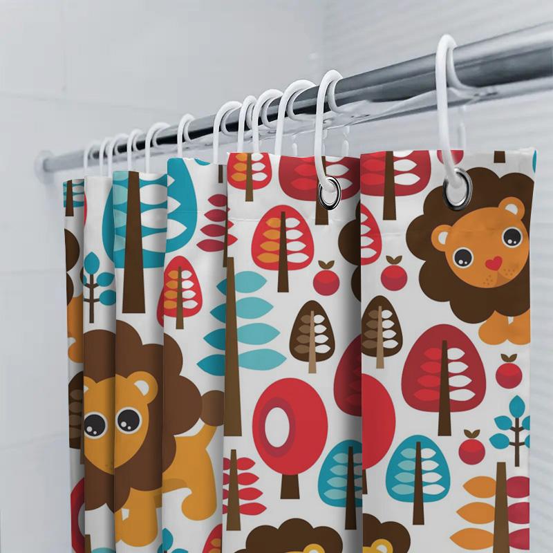 Playful Lion Forest: Whimsical Animal And Tree Pattern Shower Curtain For A Fun And Vibrant Bathroom Dcor
