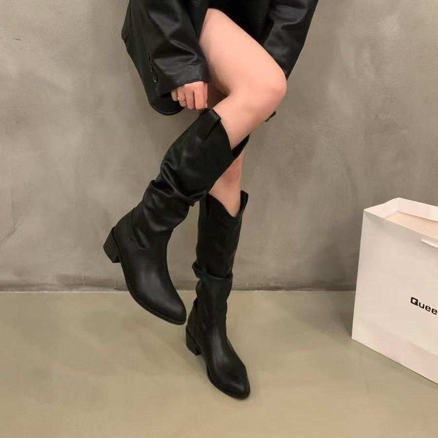 Thick Heel Vintage Brown V-Hole, Pile Medium Boots Women's Shoes 2025 Autumn Pointed Western Cowboy Boots