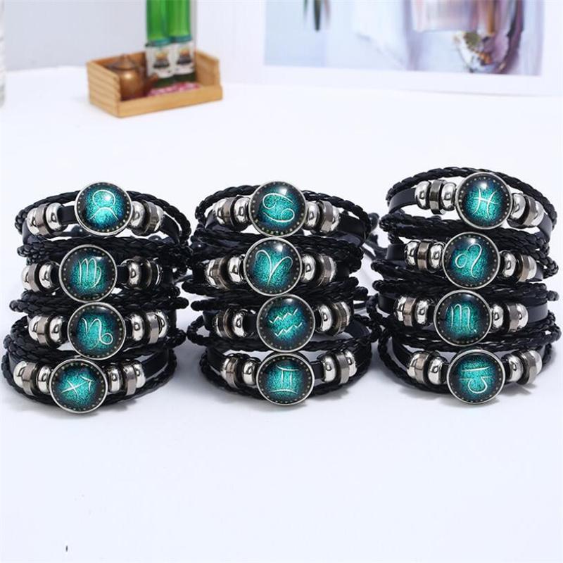 Luminous Twelve Constellation Artificial Gemstone Bracelet ;Beaded Rope Pu Leather 12 Constellation Woven Bracelet