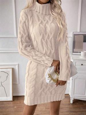Fall Winter Chunky Cable Knit Long Sleeve Dress Ribbed Knit,high Neck Sweater,autumn Wear