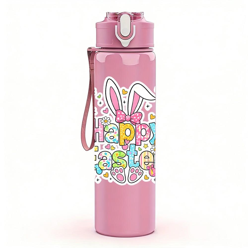 1PC Happy Easter Doodle Letter Print 750ml Color Plastic Sports Water Bottle Leakproof Flip Straw Lid Suitable for Sports Office Home Use