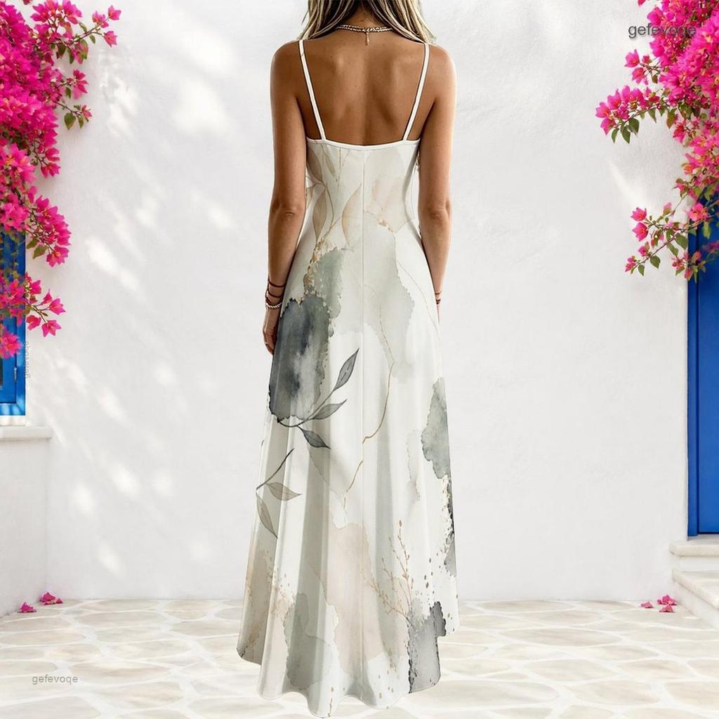 Women Plus Size White V Neck Strappy Sleeveless Printed A Line Long Dress