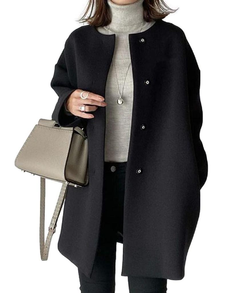 Coat Blouson Jacket Outerwear Short No Collar Straight Spring Autumn Winter Length [1/2style] [Nibunnoichi Style] Women's (S, Black)