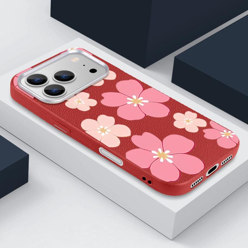 For iPhone 17 Pro Max Case Fresh Style Cherry Blossom Pattern Leather Texture Soft Silicone Cover For iPhone 16 15 14 13 Pro 12 11 16E Air