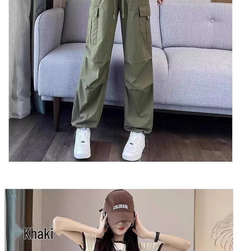 American Women's 2024 Summer Ice Silk Quick-Dry High-Waisted Cargo Pants - Breathable, Thin, Cuffed, Nine-Point Casual Trousers