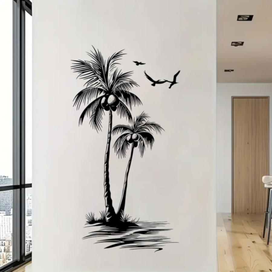 Tropical Coconut Tree and Bird Wall Stickers, Self-adhesive Creative Stickers for The Entrance Wall Decoration