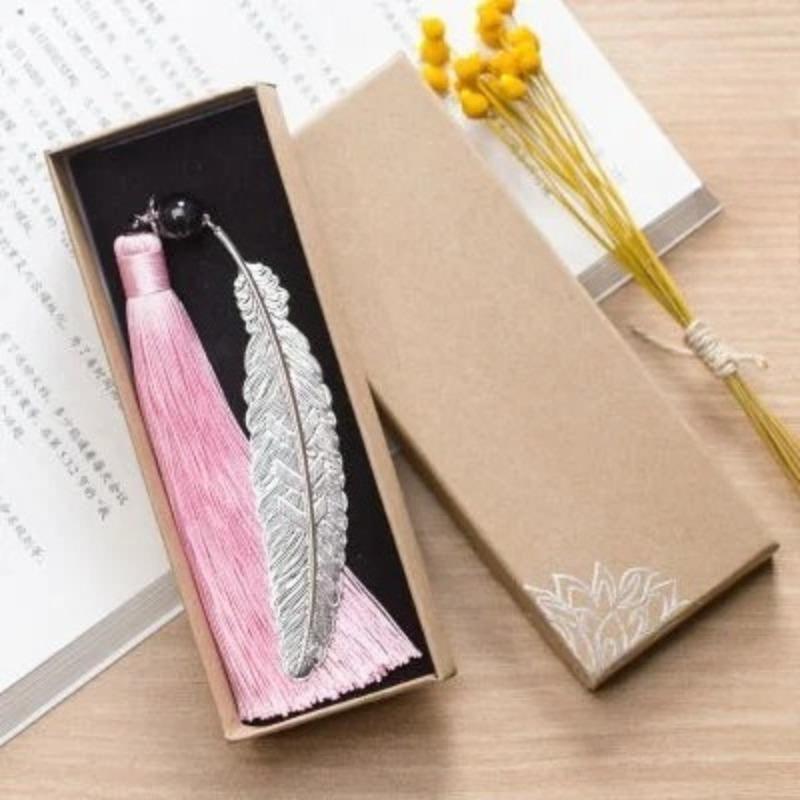 Fashion Classical Chinese Style Silver Metal Leaf Feather Tassel Bookmark Document Book Mark Label Christmas Gifts
