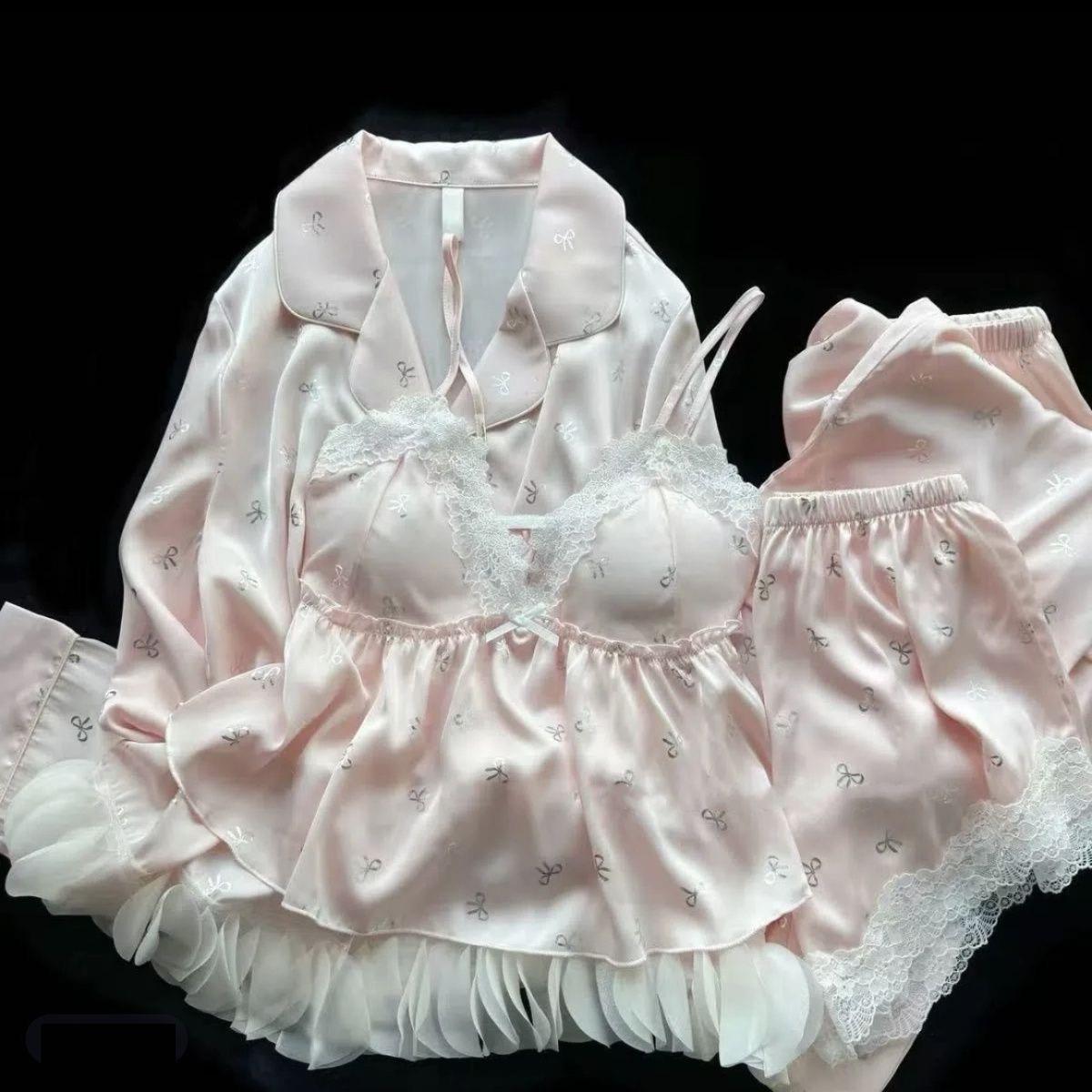 Женский летний шелковый пижамный комплект с длинным рукавом и вставками на груди - Четырехкомпонентный, веселый и сексуальный домашний костюм M