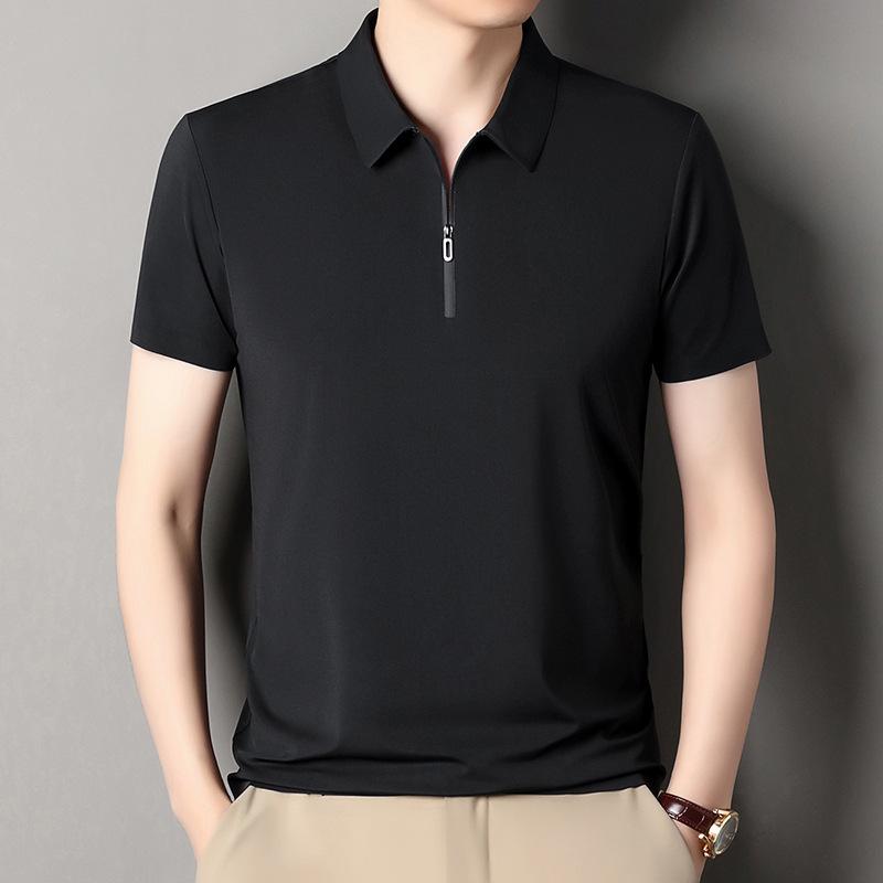 

Men s Summer Half-Zip Polo: Ice Silk Short Sleeve, Solid Color, Loose Fit, High-End Feel. XXXL чорний