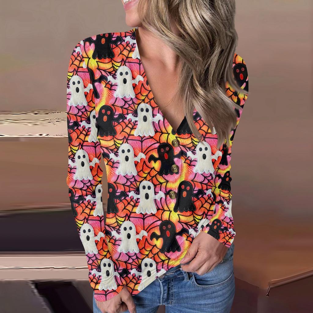 Lässiger Pullover mit V-Ausschnitt und Halloween-Print für Damen